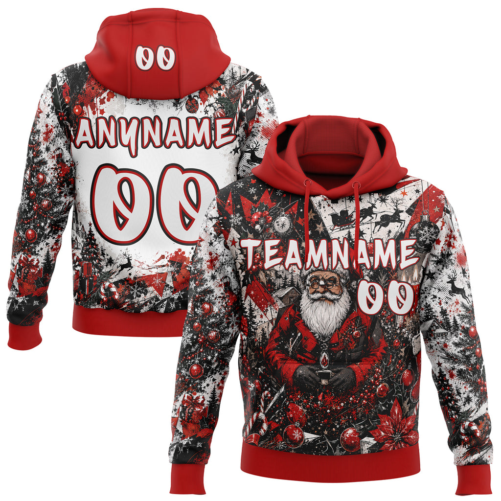 Custom  Black White-Red Christmas Santa Claus Pullover Sweatshirt Hoodie