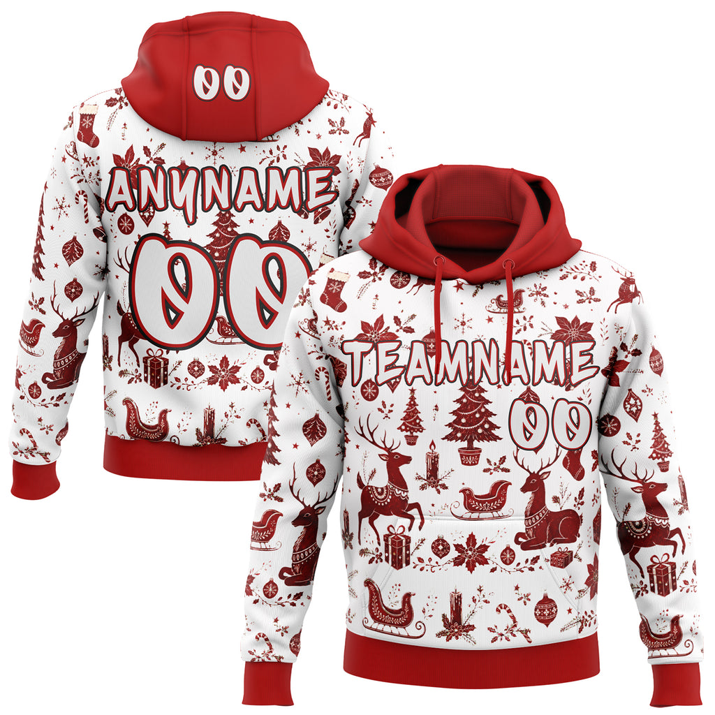 Custom  White Red-Black Christmas Reindeer Pullover Sweatshirt Hoodie