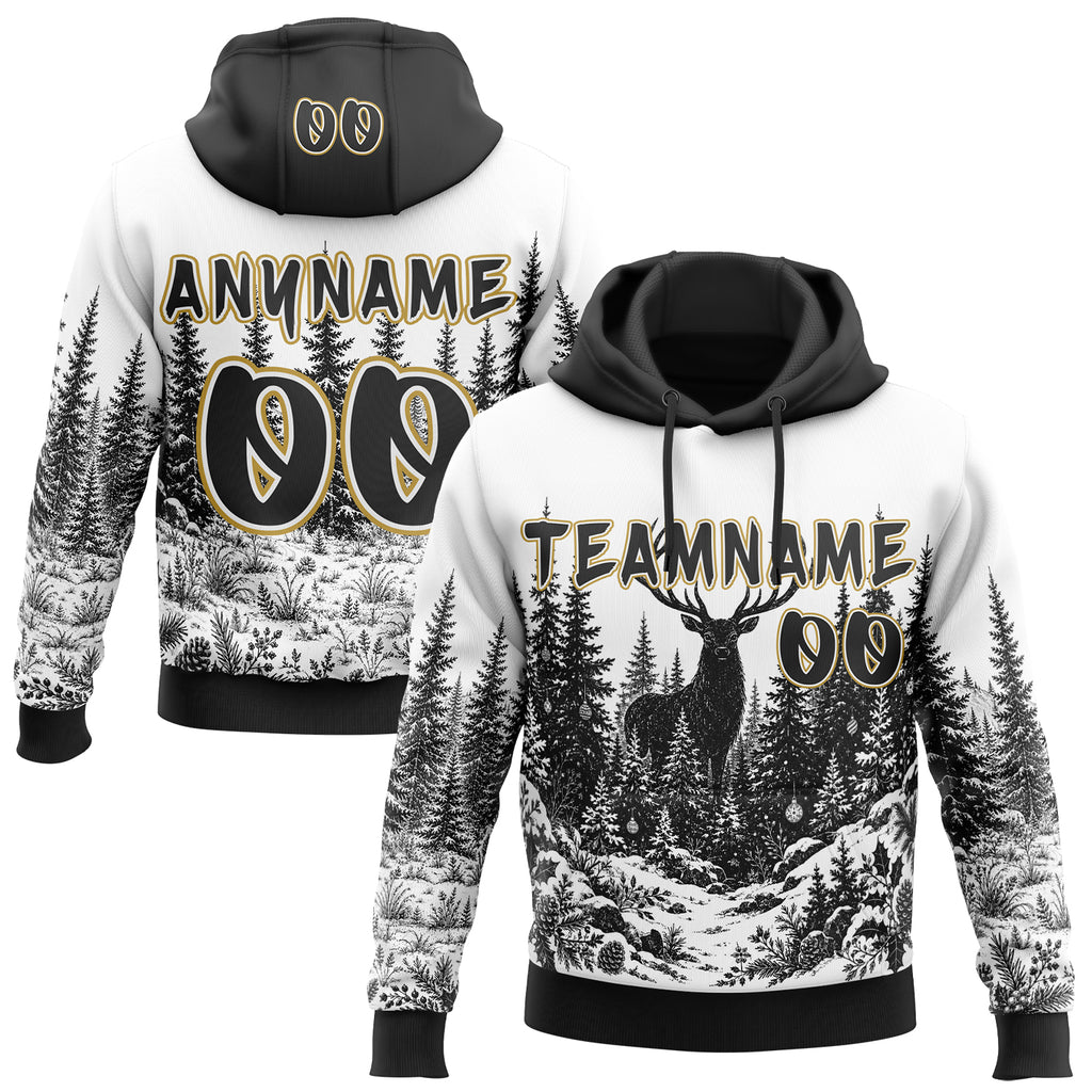Custom  White Black-Old Gold Christmas Reindeer Pine Forest Pullover Sweatshirt Hoodie