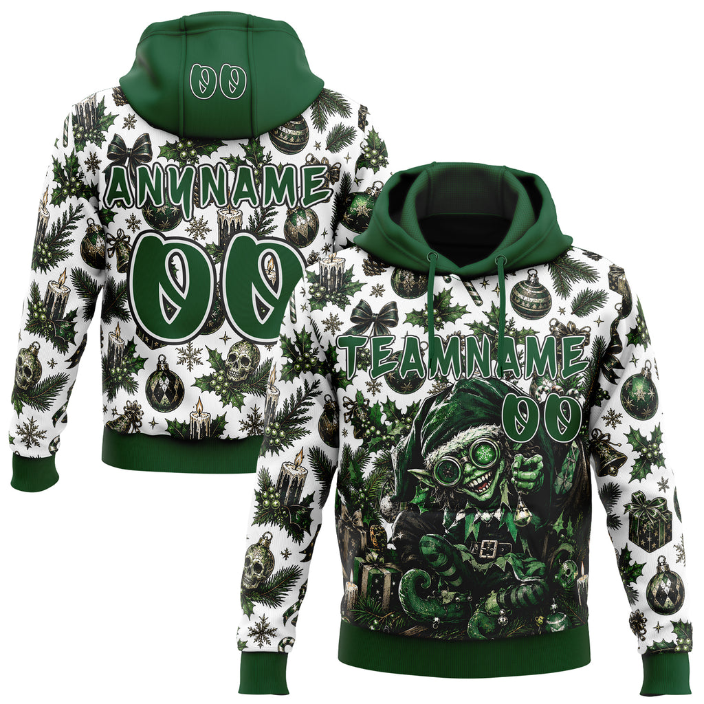 Custom  White Green-Black Christmas Creepy Elf Skulls Candles Pullover Sweatshirt Hoodie