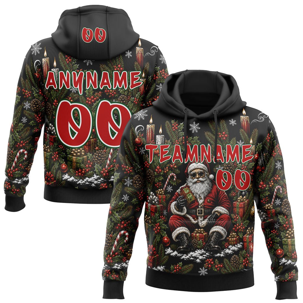 Custom  Black Red White-Green Christmas Santa Claus & Gift Pullover Sweatshirt Hoodie