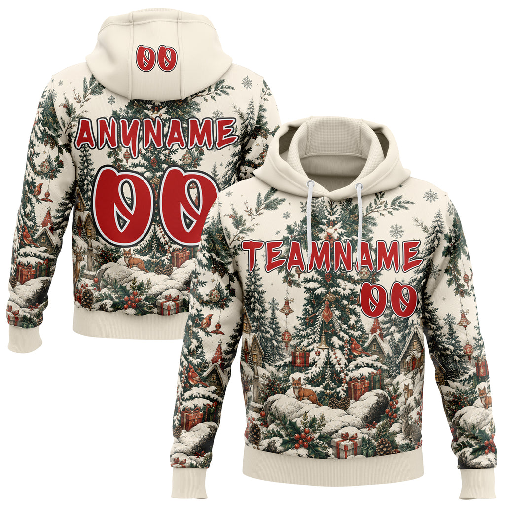 Custom  Cream Red Green White-Black Christmas Snowy Village Pullover Sweatshirt Hoodie