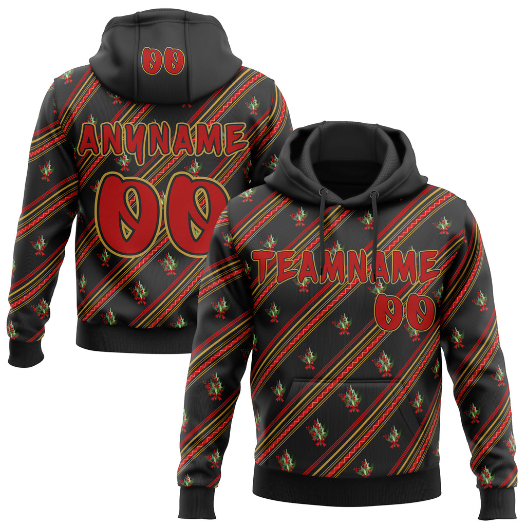 Custom  Black Red-Old Gold Christmas Diagonal Stripe Holly Berries Pullover Sweatshirt Hoodie