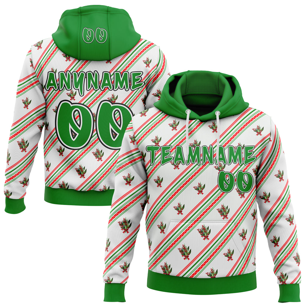 Custom  White Grass Green Red-Black Christmas Diagonal Stripe Holly Berries Pullover Sweatshirt Hoodie