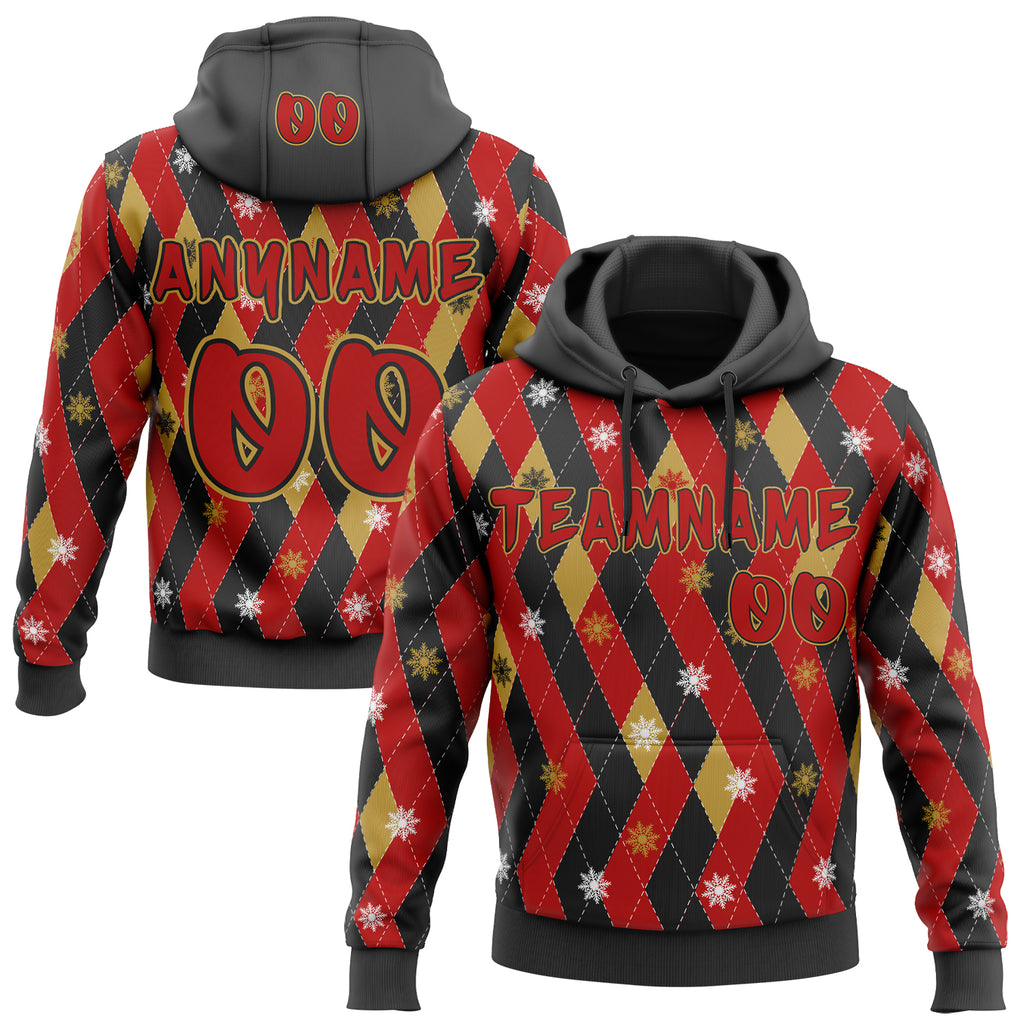 Custom  Black Red-Old Gold Ugly Christmas Sweater Argyle Snowflakes Pullover Sweatshirt Hoodie
