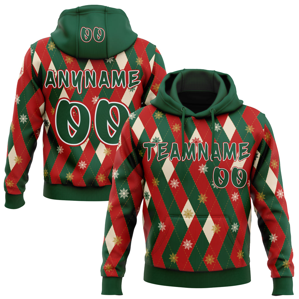 Custom  Green Red Old Gold Cream-White Ugly Christmas Sweater Argyle Snowflakes Pullover Sweatshirt Hoodie