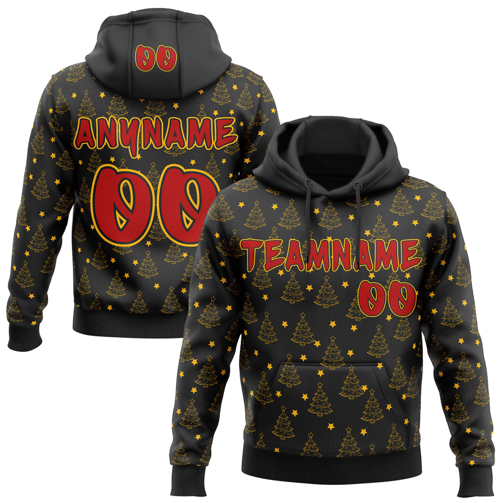 Custom  Black Red-Gold Christmas Tree Stars Pullover Sweatshirt Hoodie
