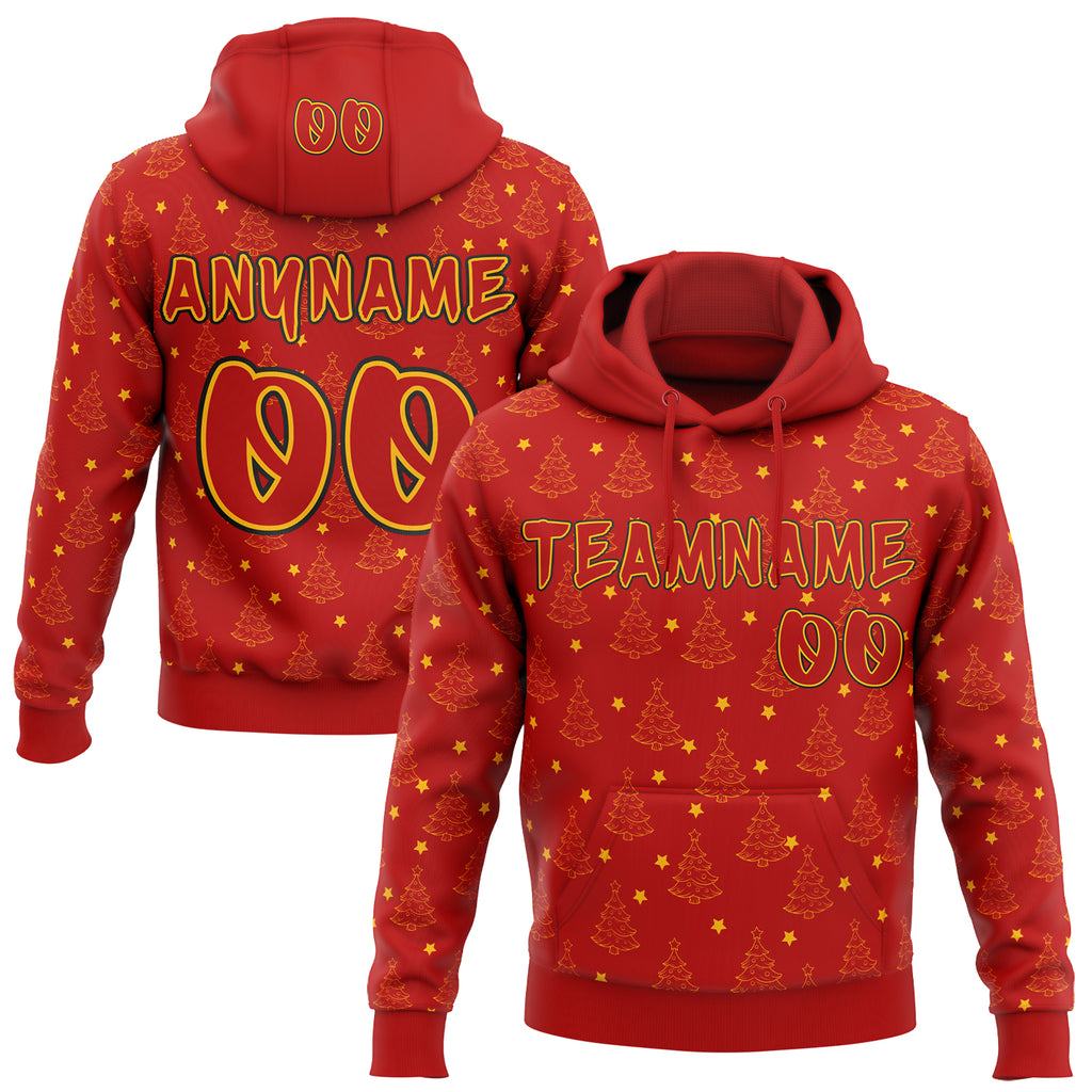 Custom  Red Gold-Black Christmas Tree Stars Pullover Sweatshirt Hoodie