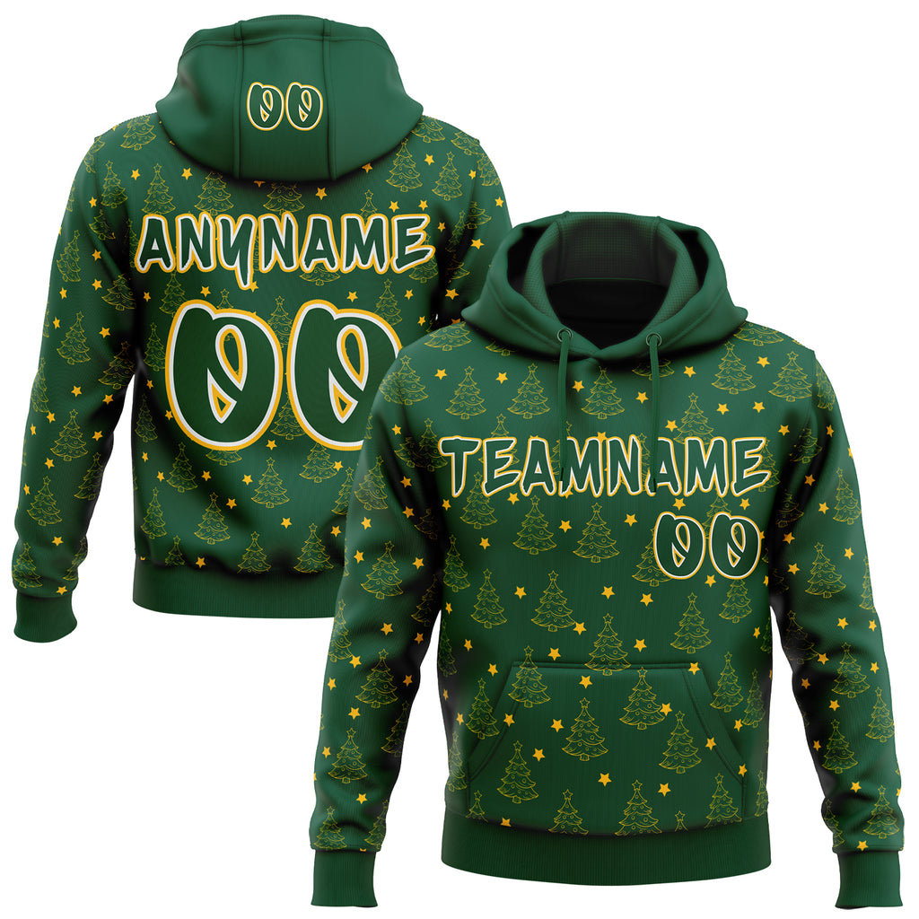 Custom  Green Gold-White Christmas Tree Stars Pullover Sweatshirt Hoodie