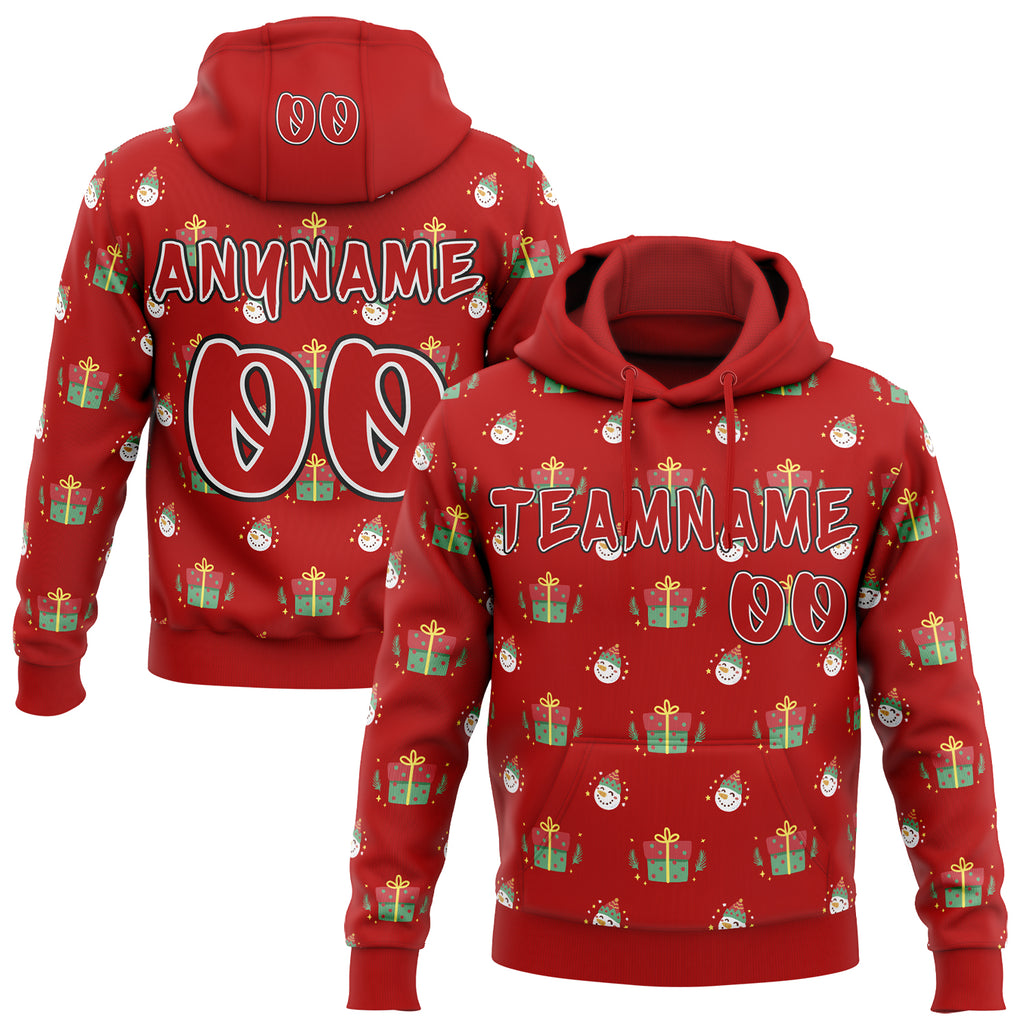 Custom  Red White-Black Christmas Snowman & Gift Pullover Sweatshirt Hoodie