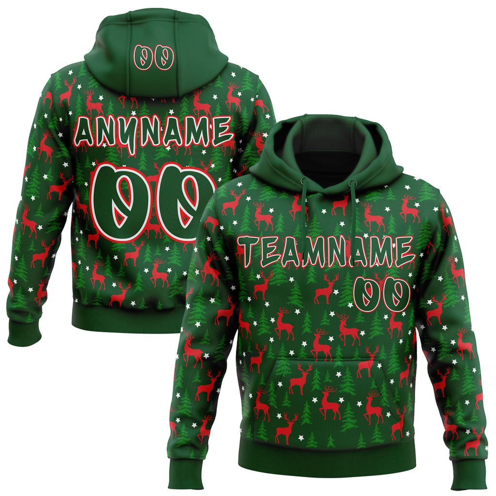 Custom  Green White-Fire Red Christmas Reindeer & Pine Forest Pullover Sweatshirt Hoodie
