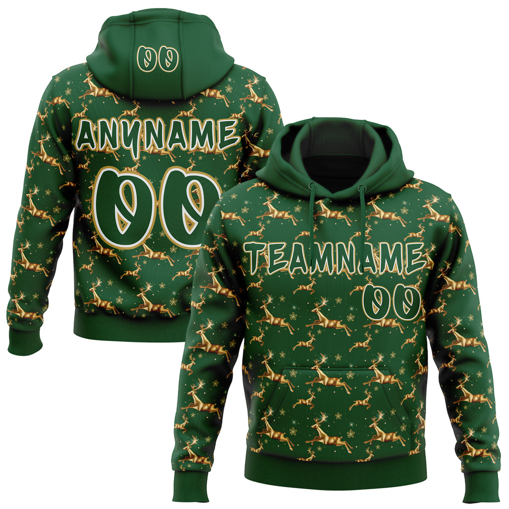 Custom  Green White-Old Gold Christmas Golden Reindeer & Snowflakes Pullover Sweatshirt Hoodie