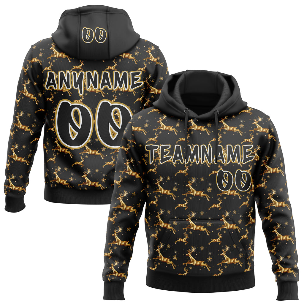 Custom  Black White-Old Gold Christmas Golden Reindeer & Snowflakes Pullover Sweatshirt Hoodie