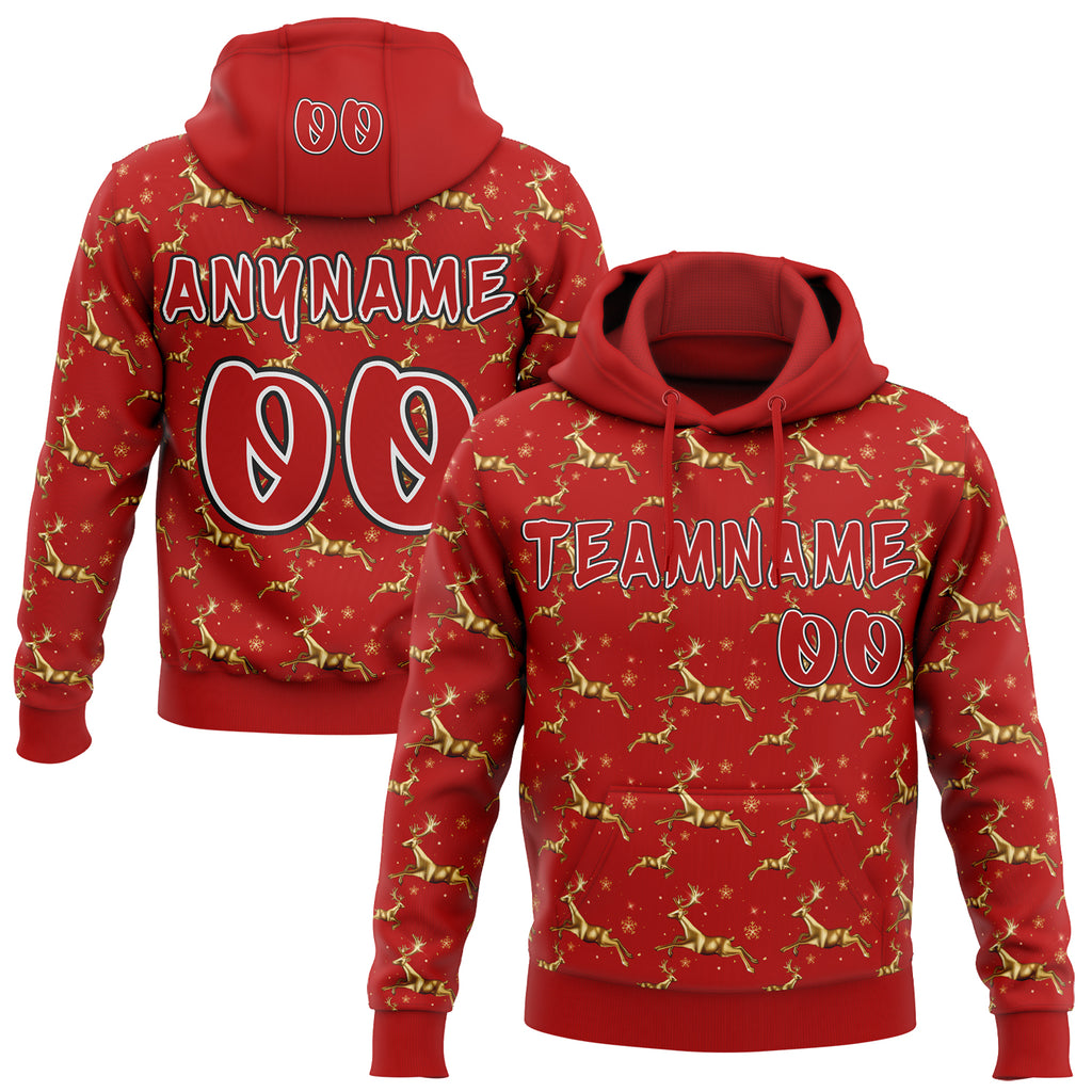 Custom  Red White-Black Christmas Golden Reindeer & Snowflakes Pullover Sweatshirt Hoodie
