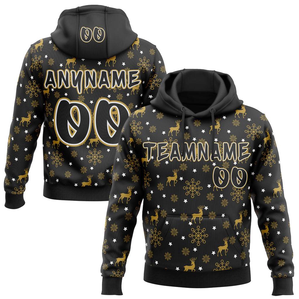 Custom  Black Old Gold-White Christmas Golden Reindeer & Snowflakes Pullover Sweatshirt Hoodie