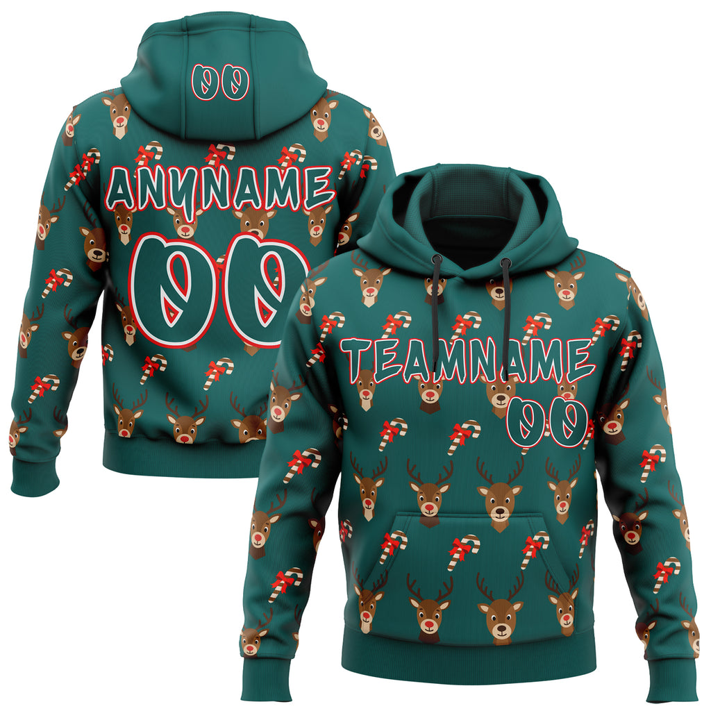 Custom  Midnight Green White-Fire Red Christmas Reindeer & Candy Cane Pullover Sweatshirt Hoodie