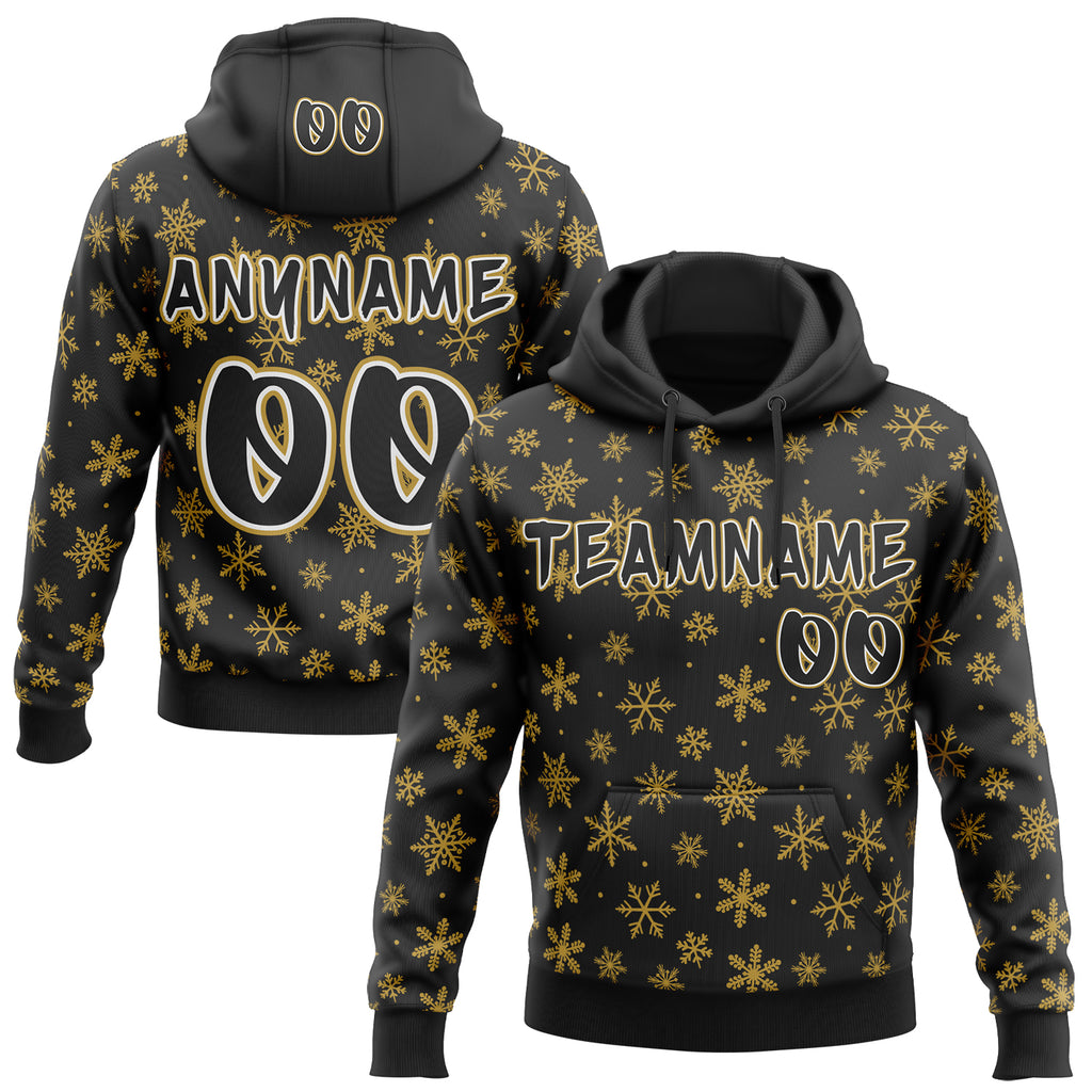 Custom  Black Old Gold-White Christmas Snowflakes Pullover Sweatshirt Hoodie