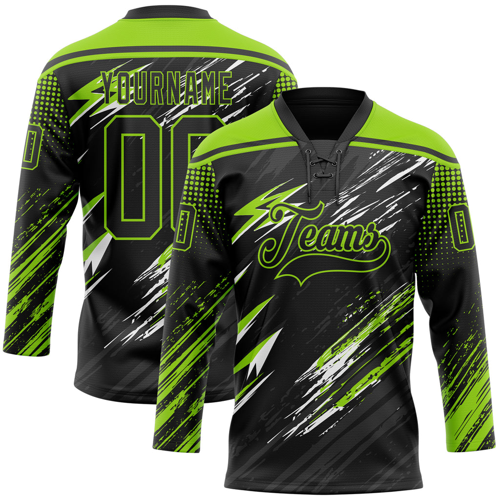 Custom Black Neon Green Gray-White Diagonal Grunge Brush Stroke Halftone Lace Neck Hockey Jersey