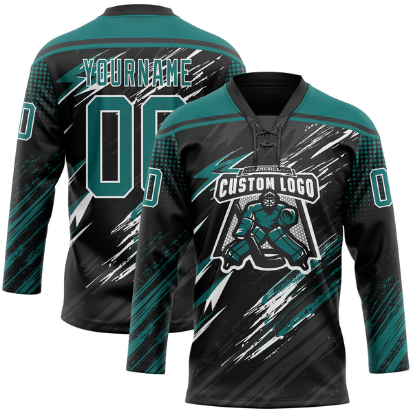 Custom Black Teal Gray-White Diagonal Grunge Brush Stroke Halftone Lace Neck Hockey Jersey