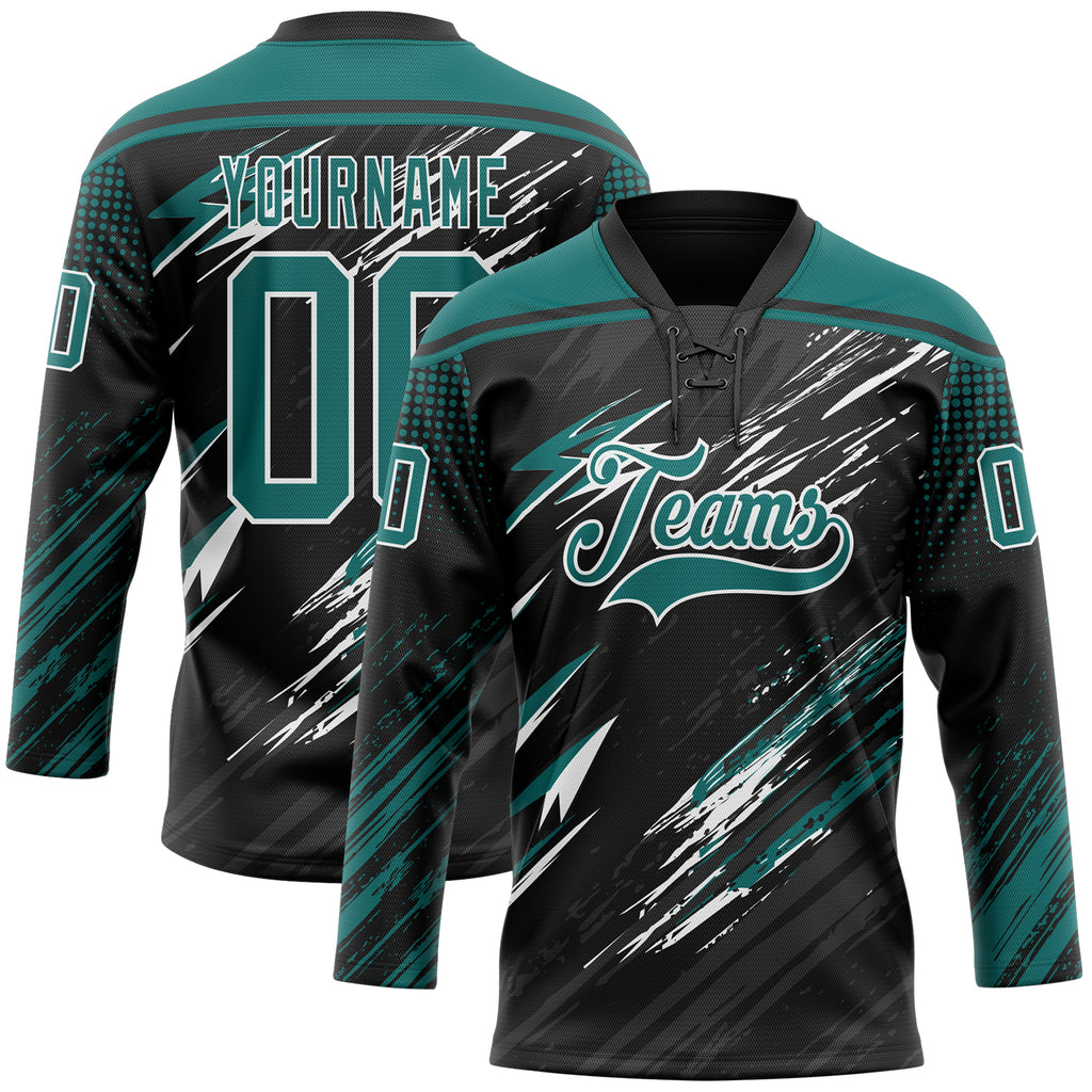 Custom Black Teal Gray-White Diagonal Grunge Brush Stroke Halftone Lace Neck Hockey Jersey