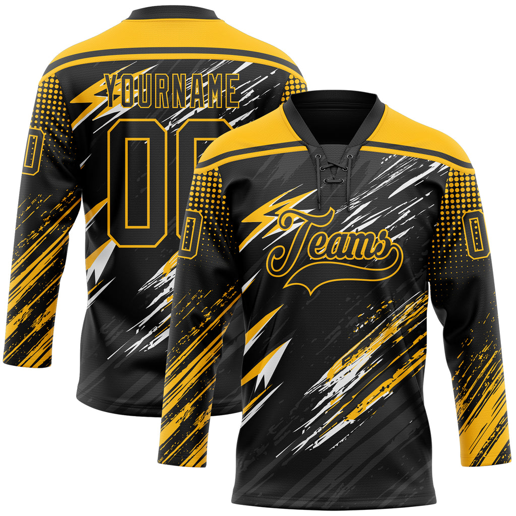 Custom Black Gold Gray-White Diagonal Grunge Brush Stroke Halftone Lace Neck Hockey Jersey