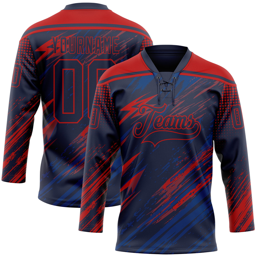 Custom Navy US Navy Blue-Red Diagonal Grunge Brush Stroke Halftone Lace Neck Hockey Jersey