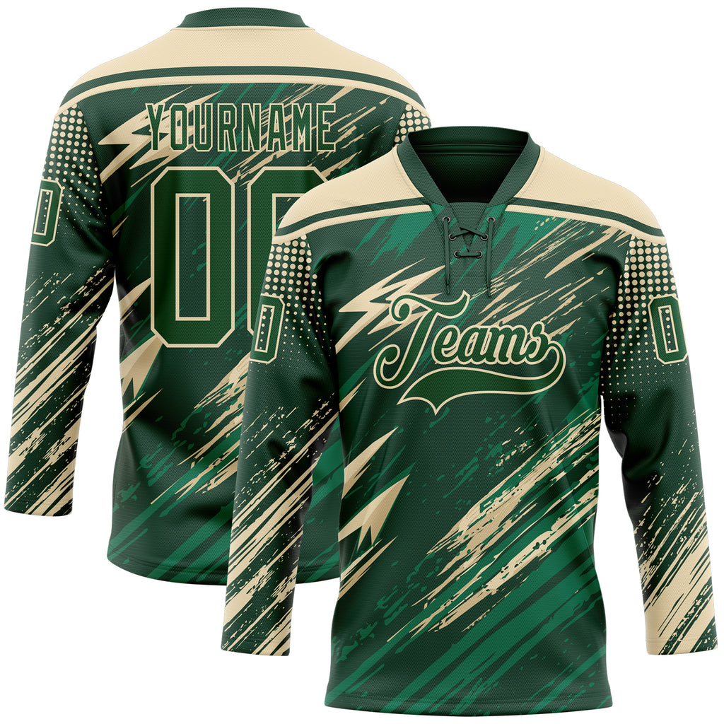 Custom Green Cream-Vegas Gold Diagonal Grunge Brush Stroke Halftone Lace Neck Hockey Jersey