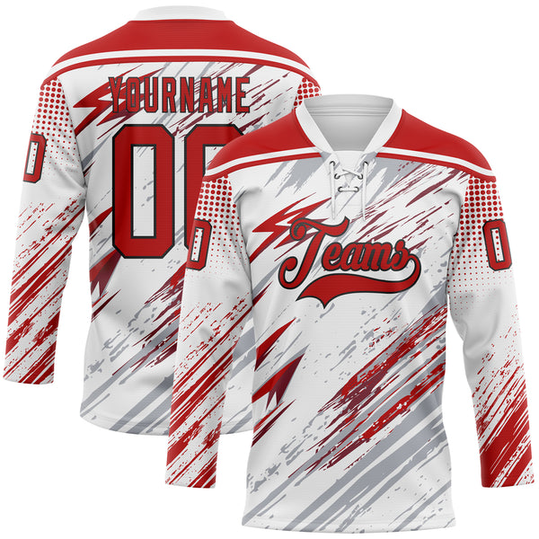 Custom White Red Gray-Black Diagonal Grunge Brush Stroke Halftone Lace Neck Hockey Jersey