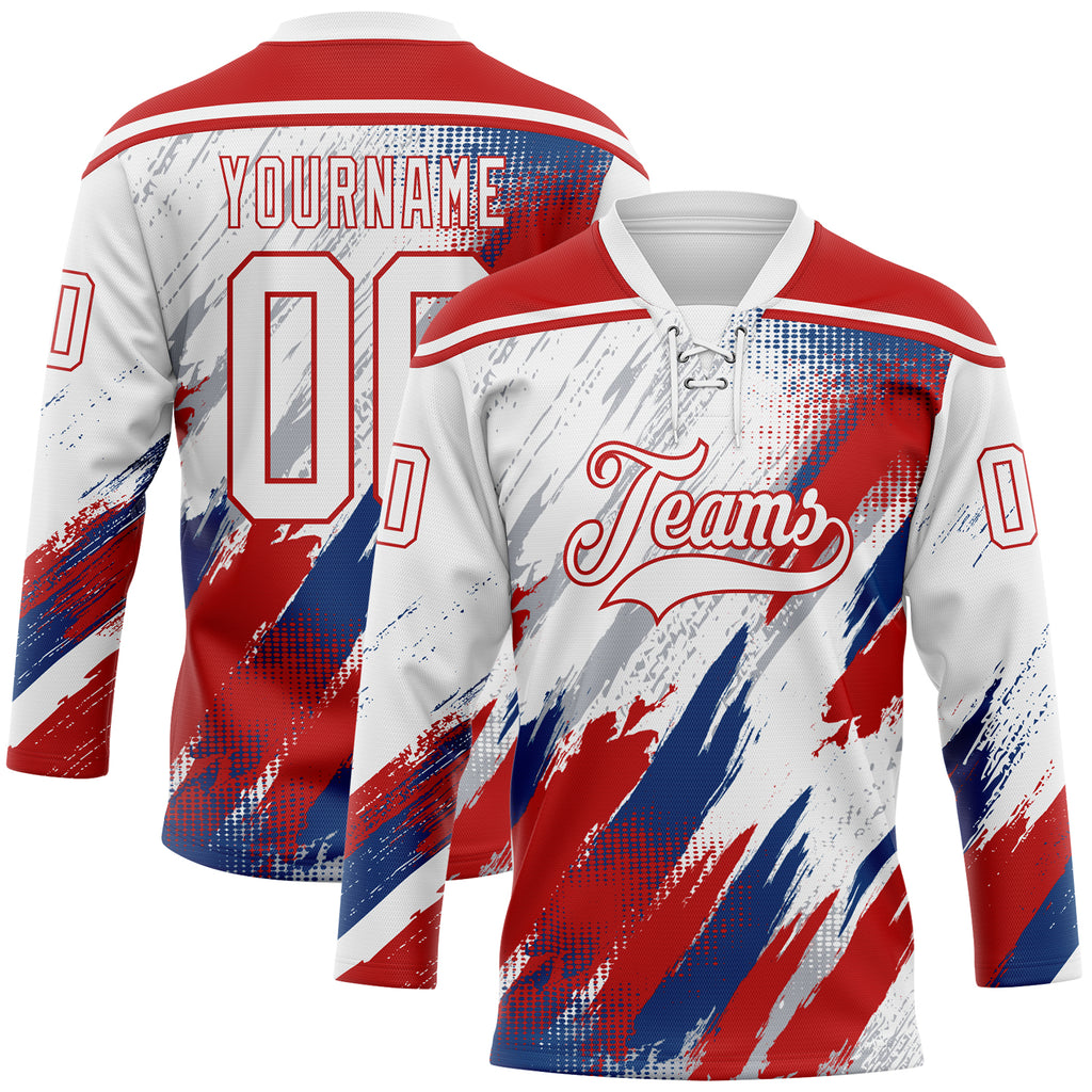 Custom White Red US Navy Blue-Gray Diagonal Grunge Brush Stroke Halftone Lace Neck Hockey Jersey