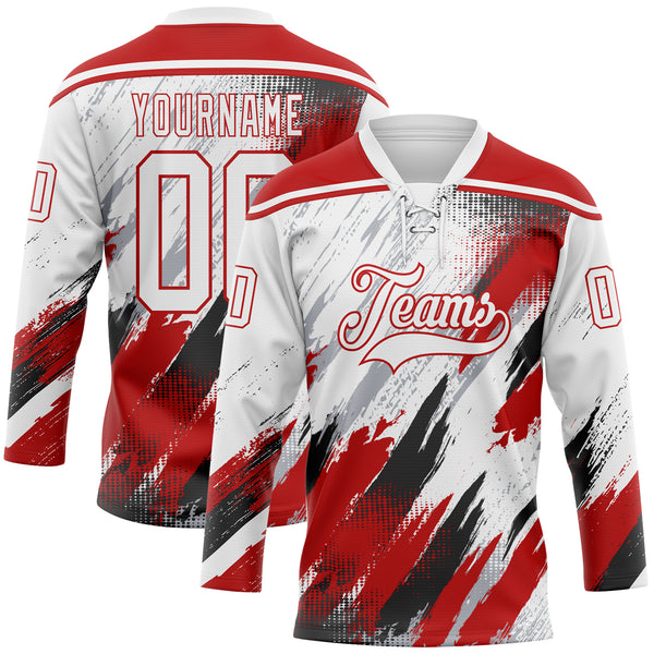 Custom White Red Black-Gray Diagonal Grunge Brush Stroke Halftone Lace Neck Hockey Jersey