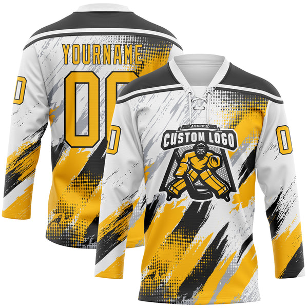 Custom White Gold Black-Gray Diagonal Grunge Brush Stroke Halftone Lace Neck Hockey Jersey