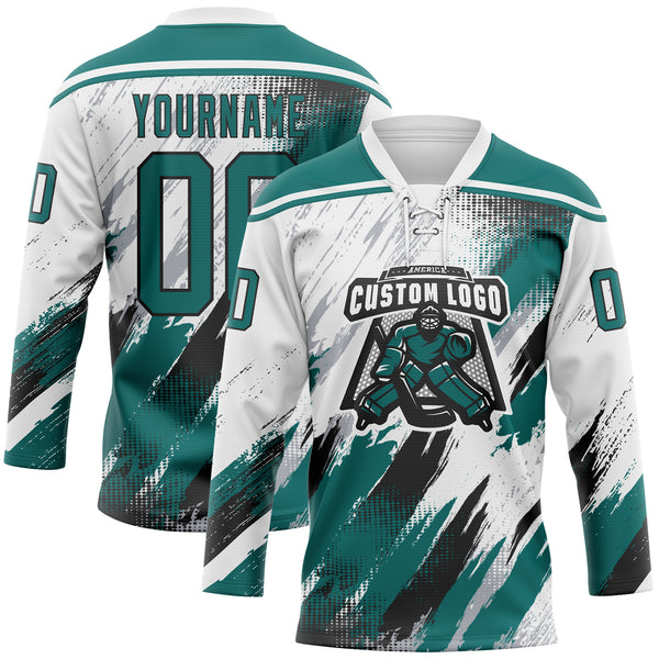 Custom White Teal Black-Gray Diagonal Grunge Brush Stroke Halftone Lace Neck Hockey Jersey