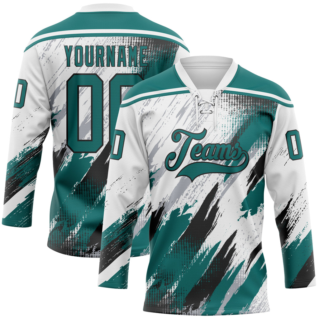 Custom White Teal Black-Gray Diagonal Grunge Brush Stroke Halftone Lace Neck Hockey Jersey