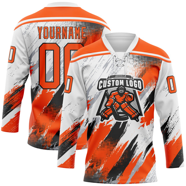 Custom White Orange Black-Gray Diagonal Grunge Brush Stroke Halftone Lace Neck Hockey Jersey