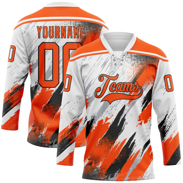 Custom White Orange Black-Gray Diagonal Grunge Brush Stroke Halftone Lace Neck Hockey Jersey