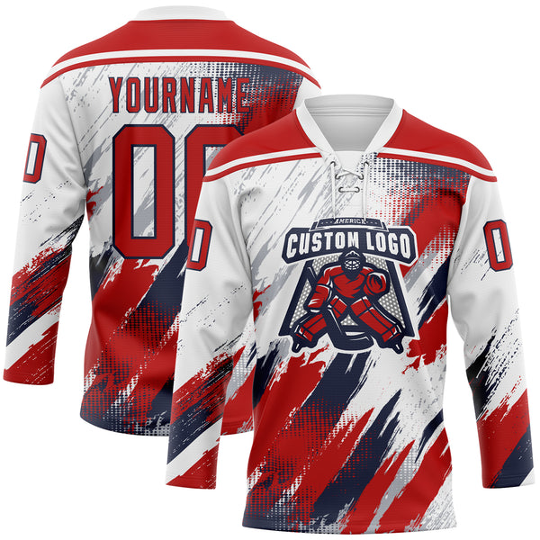 Custom White Red Navy-Gray Diagonal Grunge Brush Stroke Halftone Lace Neck Hockey Jersey