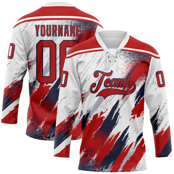 Custom White Red Navy-Gray Diagonal Grunge Brush Stroke Halftone Lace Neck Hockey Jersey