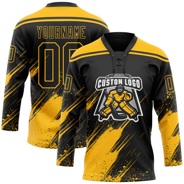 Custom Black-Gold Diagonal Scratch Brush Stroke Paint Splatter Lace Neck Hockey Jersey