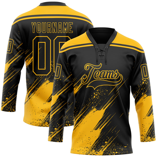 Custom Black-Gold Diagonal Scratch Brush Stroke Paint Splatter Lace Neck Hockey Jersey