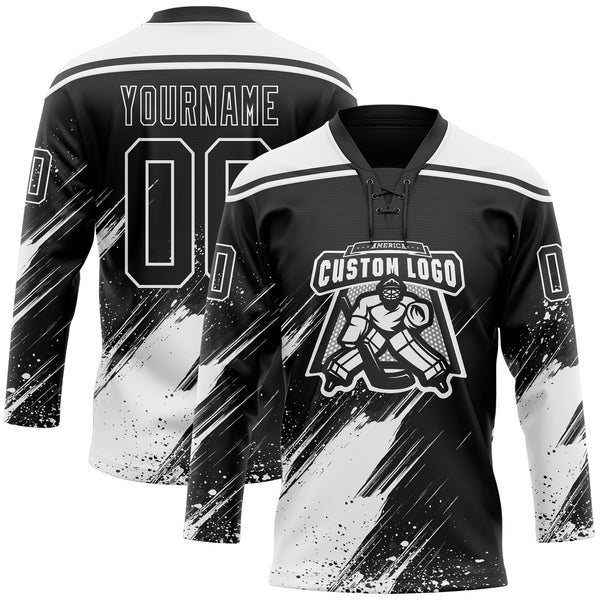 Custom Black-White Diagonal Scratch Brush Stroke Paint Splatter Lace Neck Hockey Jersey