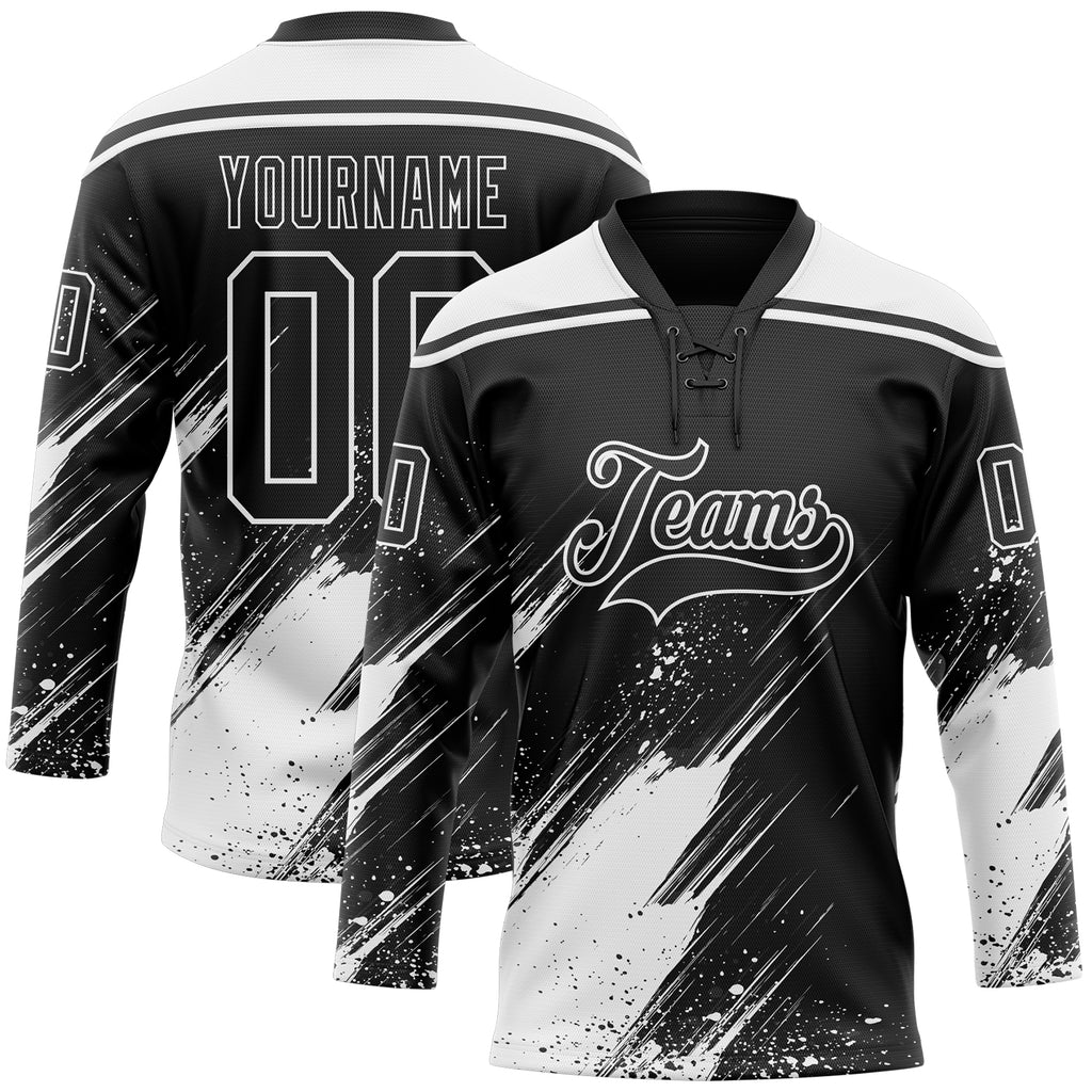 Custom Black-White Diagonal Scratch Brush Stroke Paint Splatter Lace Neck Hockey Jersey