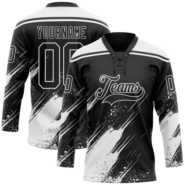Custom Black-White Diagonal Scratch Brush Stroke Paint Splatter Lace Neck Hockey Jersey