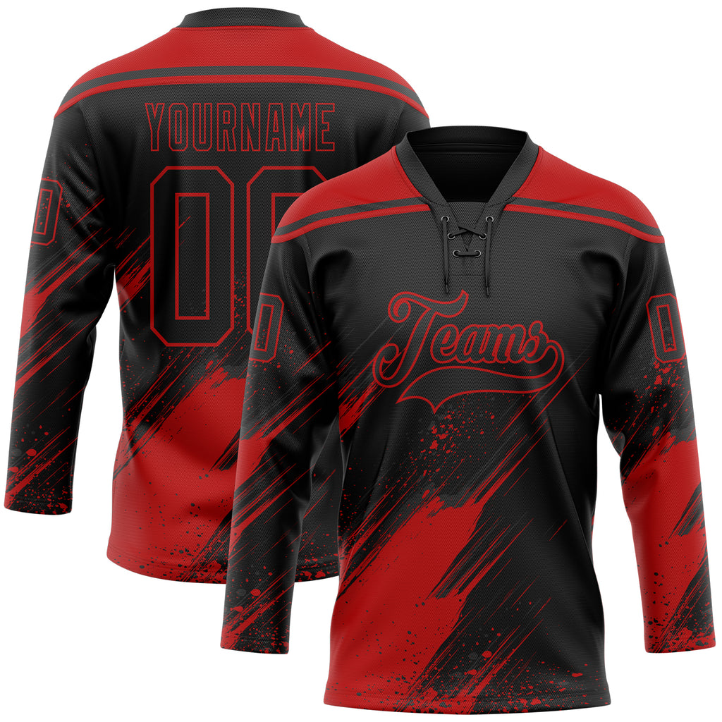 Custom Black-Red Diagonal Scratch Brush Stroke Paint Splatter Lace Neck Hockey Jersey