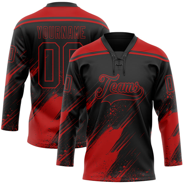 Custom Black-Red Diagonal Scratch Brush Stroke Paint Splatter Lace Neck Hockey Jersey