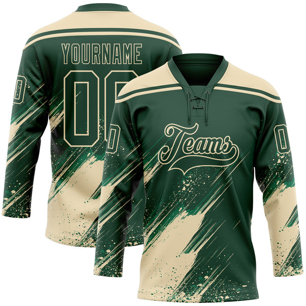 Custom Green-Cream Diagonal Scratch Brush Stroke Paint Splatter Lace Neck Hockey Jersey