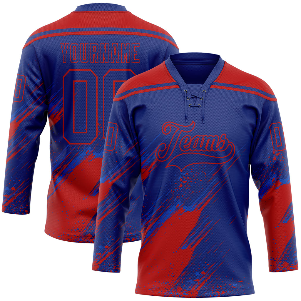 Custom Royal Thunder Blue-Red Diagonal Scratch Brush Stroke Paint Splatter Lace Neck Hockey Jersey