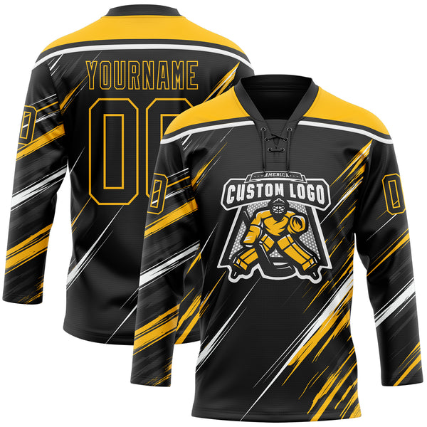 Custom Black Gold-White Diagonal Scratch Brush Stroke Lace Neck Hockey Jersey