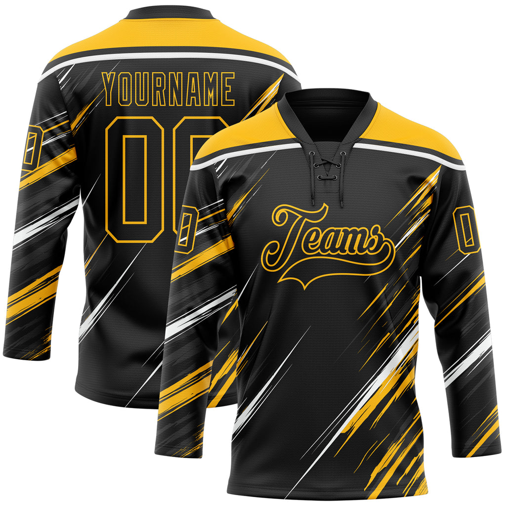 Custom Black Gold-White Diagonal Scratch Brush Stroke Lace Neck Hockey Jersey