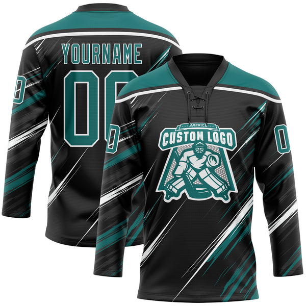 Custom Black Teal-White Diagonal Scratch Brush Stroke Lace Neck Hockey Jersey
