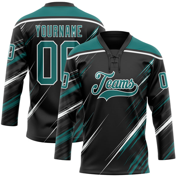 Custom Black Teal-White Diagonal Scratch Brush Stroke Lace Neck Hockey Jersey